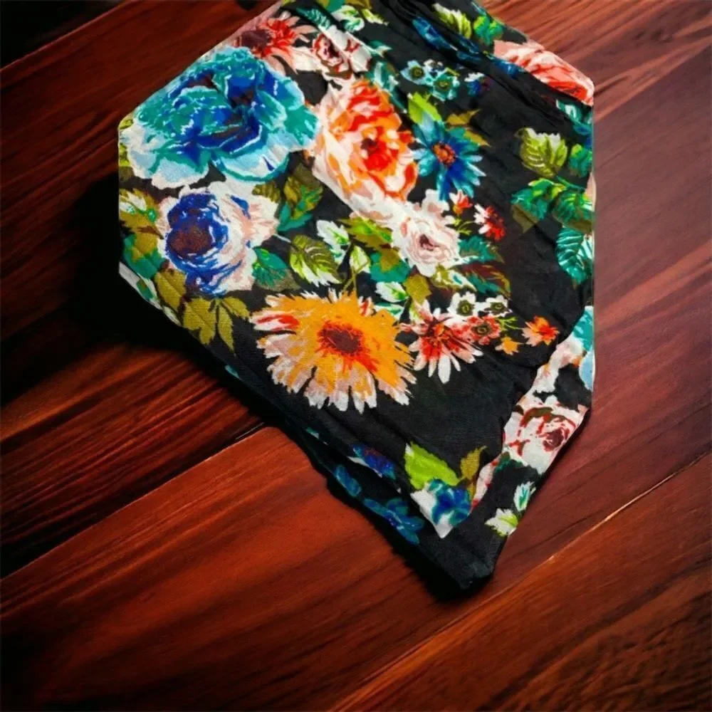 Scarf, Wrap l Black splashed with flowers l 72 x 24 l EUC